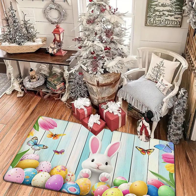Easter Bunny and Egg Decorative Mat - 0.47inch Thick Flannel, Absorbent Non-Slip Floor Mat with Spring Butterfly Theme, Machine