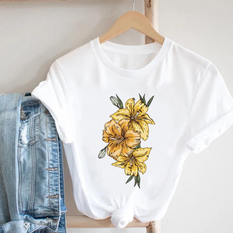 (Asian Size) Women Print Flower Floral Lovely 90s Trend Cute Tee Top Clothing Fashion Tshirt Lady Female Casual Short Sleeve Graphic T-shirt