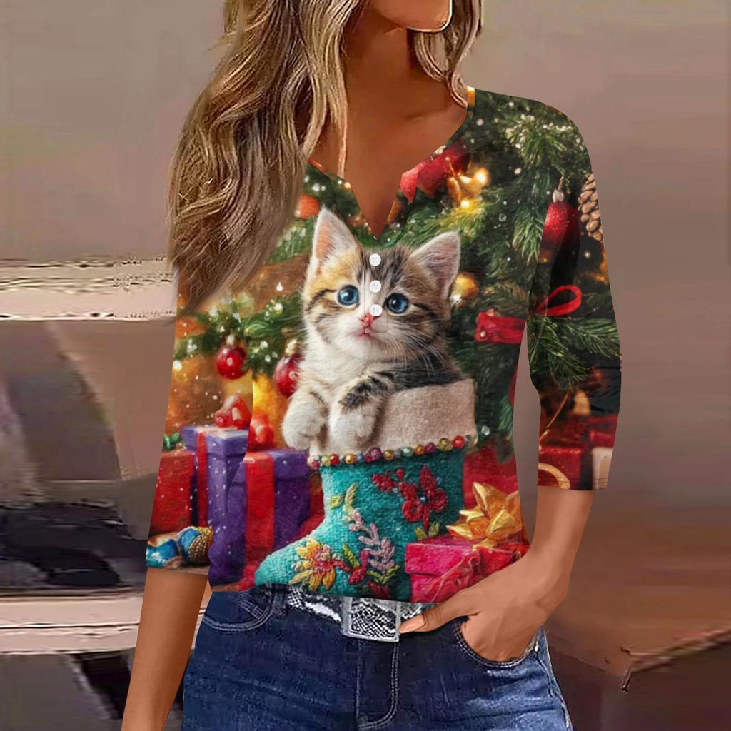 Women's Fashionable Casual Christmas Printed V-neck Three-quarter Sleeve Decorated Button Top