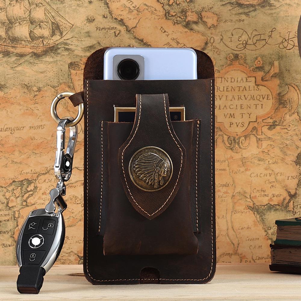 Men's Genuine Leather Tactical Mobile Phone Waist Bag - Crazy Horse Sports Style