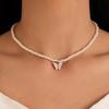 Vintage Elegant Pearl Short Choker Necklace Pink Butterfly Pendant for Women Party Anniversary Gift Romantic Jewelry