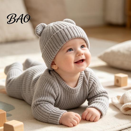 Baby Windproof Headgear for Autumn Knitted Hat, Cute Bear Ear Winter Warm Stretchy Soft Elastic Knit Hat Babies Cozy Skull Cap Newborn Infant Toddler