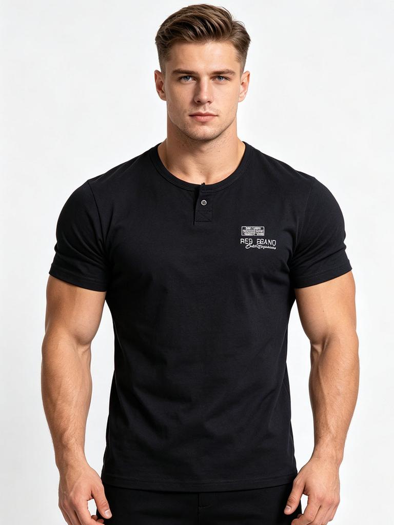 Мужская футболка-henley большого размера (до 6XL) - Хлопковая (95%) футболка с коротким рукавом и круглым вырезом с логотипом на груди - Повседневная летняя футболка для высоких и крупных мужчин