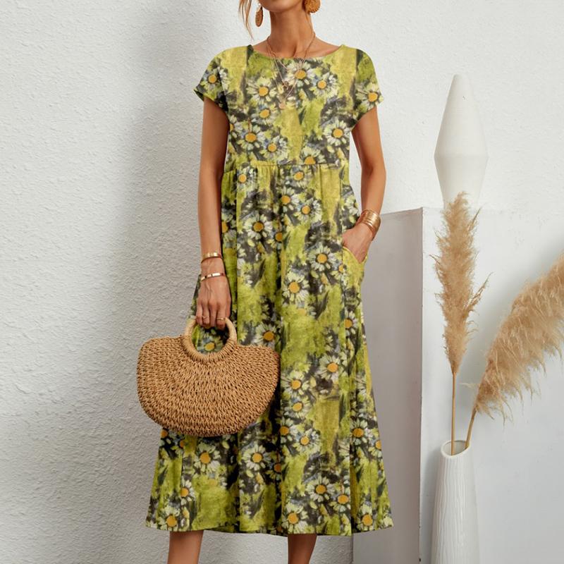 Новая мода Свободное хлопково-льняное платье Женское летнее платье с коротким рукавом и круглым вырезом с принтом Женские элегантные винтажные повседневные платья Lady 24195