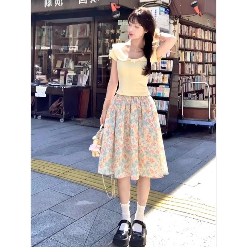 Vintage Korean Style Floral Print Midi Skirt With Elastic Waist For Casual Spring Fashion