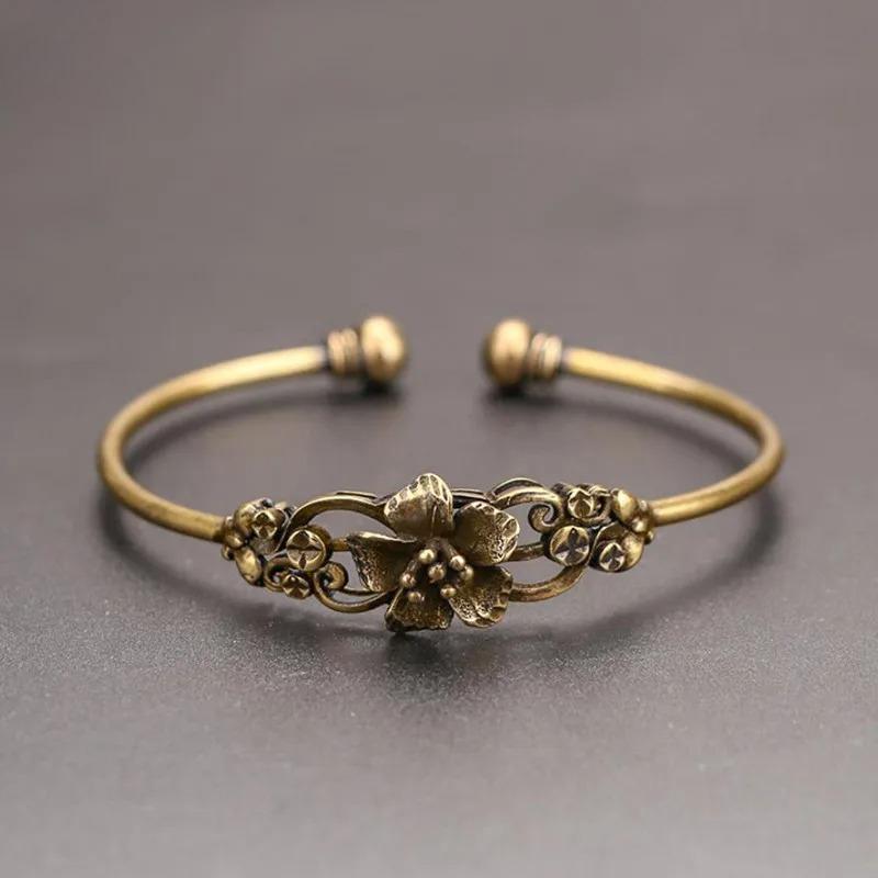 Ретро Бронзовый Цветочный Узор Браслет Принцессы Классический Чистая Медь Ажурный Античный Браслет Женское Украшение Подарок на День Благодарения