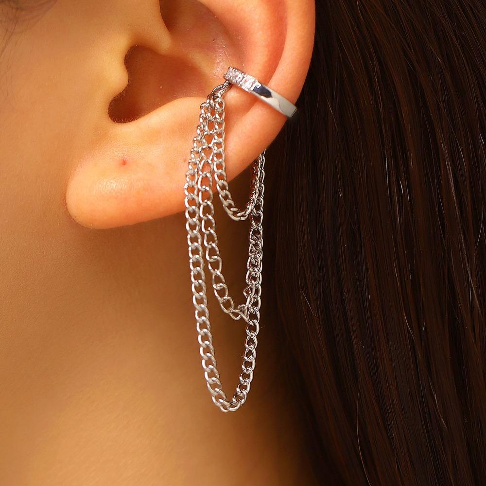 Temperament No Ear Piercings Long Tassel Chain Micro-inlay Zircon Clip Earrings for Women Trendy Punk Gold Tone Ear Cuff Jewelry