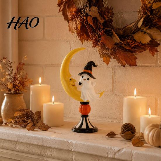 Funny Crescent Moon Figurines Halloween Ghost And Resin Ornaments, Cute Spooky Tabletop Figurine, Gift for Friends Statue with Pumpkin Elements