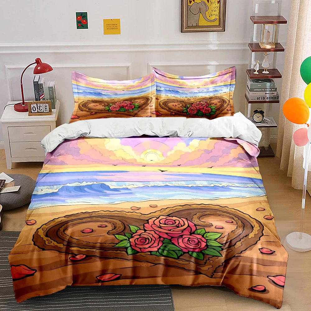 Romantic Beach Heart Decor Set Bedding Set with 1 Duvet Cover 2 Pillowcases Single Double King Queen, Gift