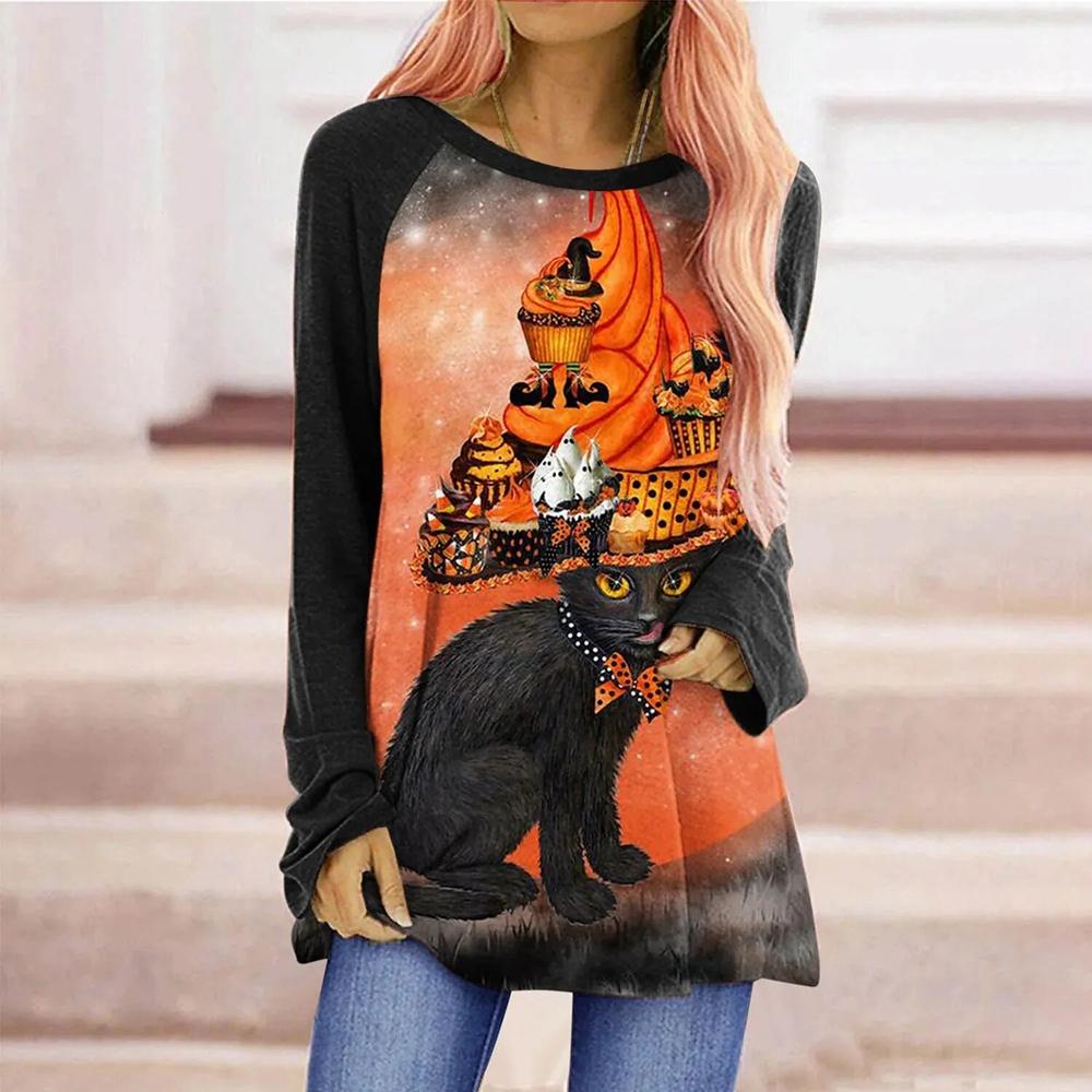 Женская футболка Футболка с рисунком Хэллоуина Тыква Картина Активная уличная одежда С длинным рукавом С принтом Круглый вырез Essential Basic Базовый