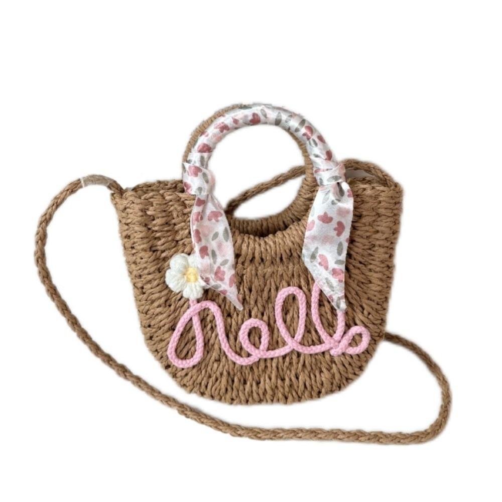 Moon Shaped Beach Straw Bag Flower Knitted Shoulder Bag Handmade Woven Underarm Bag Shopping