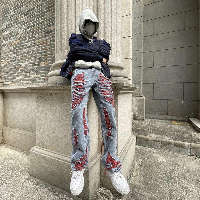 Hip-Hop Ripped Embroidered Jeans - Loose Fit, Trendy Niche Design