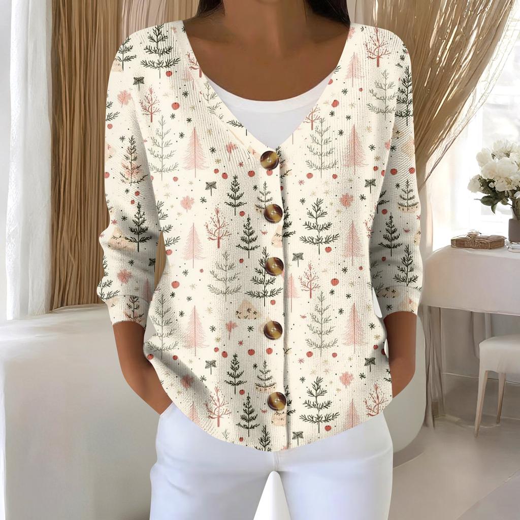 Women's Fashion Long Sleeve Christmas Snowman Snowflake Print Jacket Cardigan