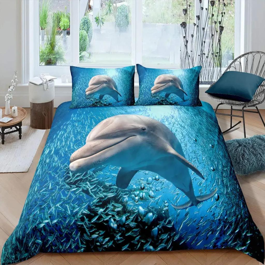 3D дельфин в синем море Queen King Size комплекты постельного белья Animal Single Quilt Duvet Cover Set Детская кровать для взрослых Полиэстеровое постельное белье