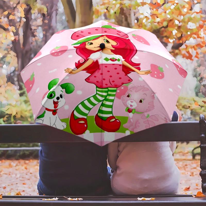 Princess Strawberry Umbrella with Automatic Open/Close & Self-8-Rib Heavy-Duty Umbrella, Compact Travel Umbrella Suitable for Outdoor