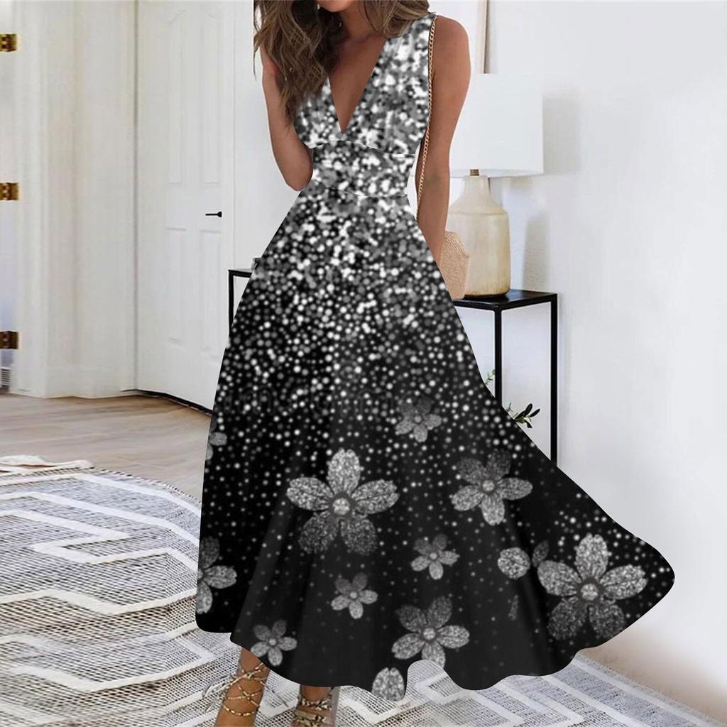 Женское длинное платье Платье макси Повседневное платье Летнее повседневное платье без рукавов с v-образным вырезом в стиле бохо с талией в стиле ретро с принтом