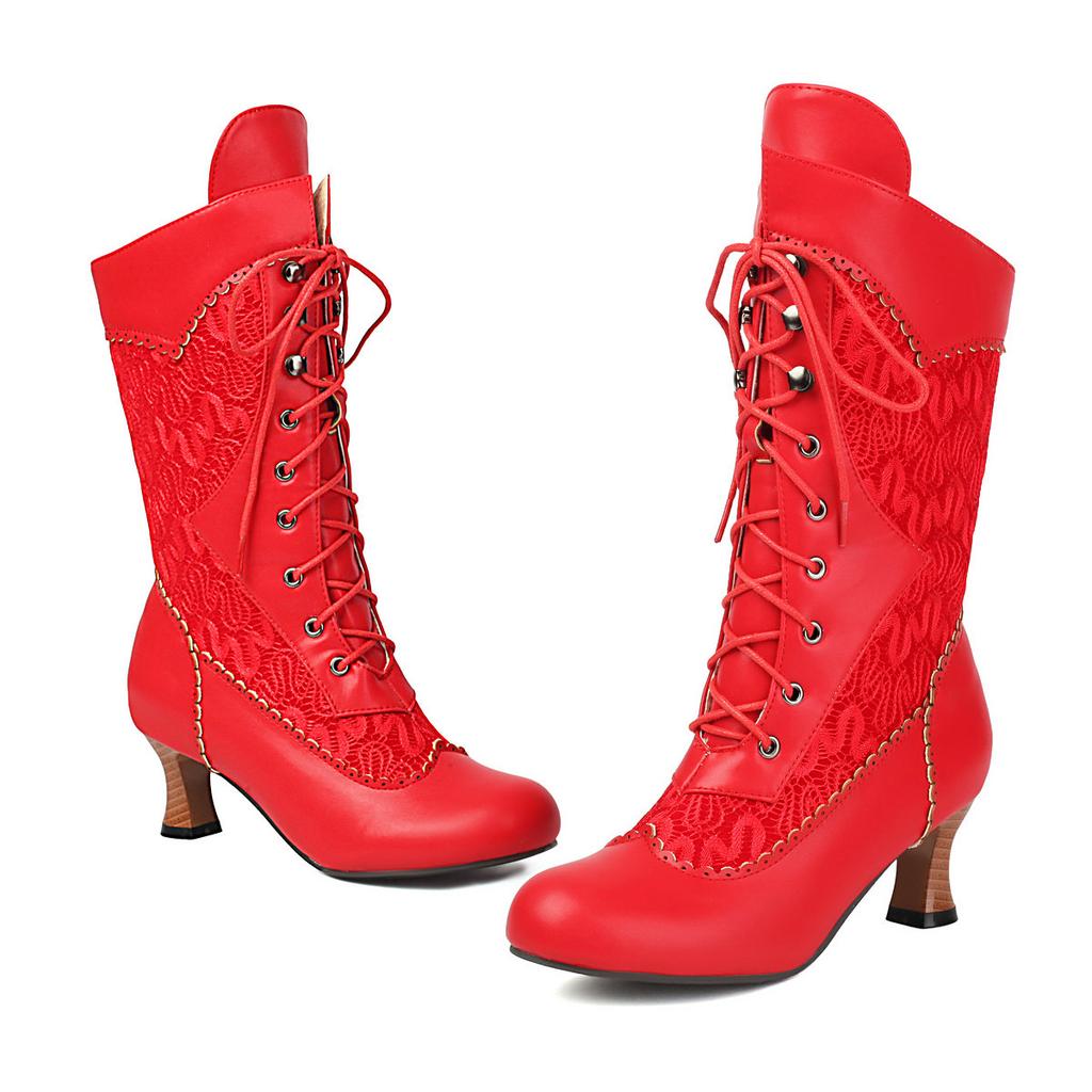 Осенне-зимние винтажные женские викторианские сапоги на шнуровке с высоким каблуком, ботильоны с оборками, обувь для косплея принцессы Лолиты для вечеринки