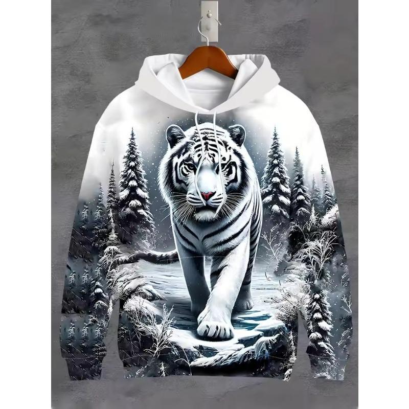 Vintage Men's Hooded Hoodies 3D Printed Battle Animal Pattern Sweatshirt Drawstring Sport Long Sleeve Tops Casual Men's Clothing