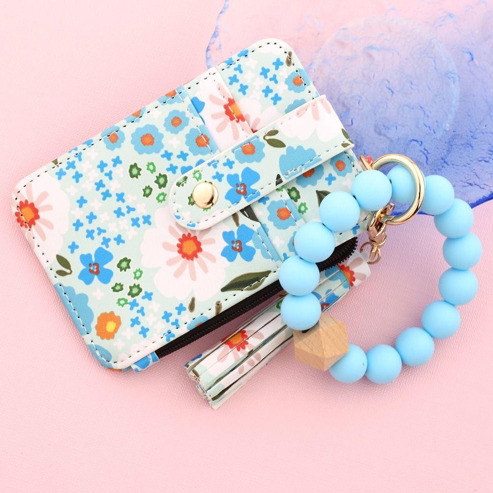 Boho Style Silicone Bead Bracelet Keychain Fragmented Design Leather Card Bag Keychain Travel