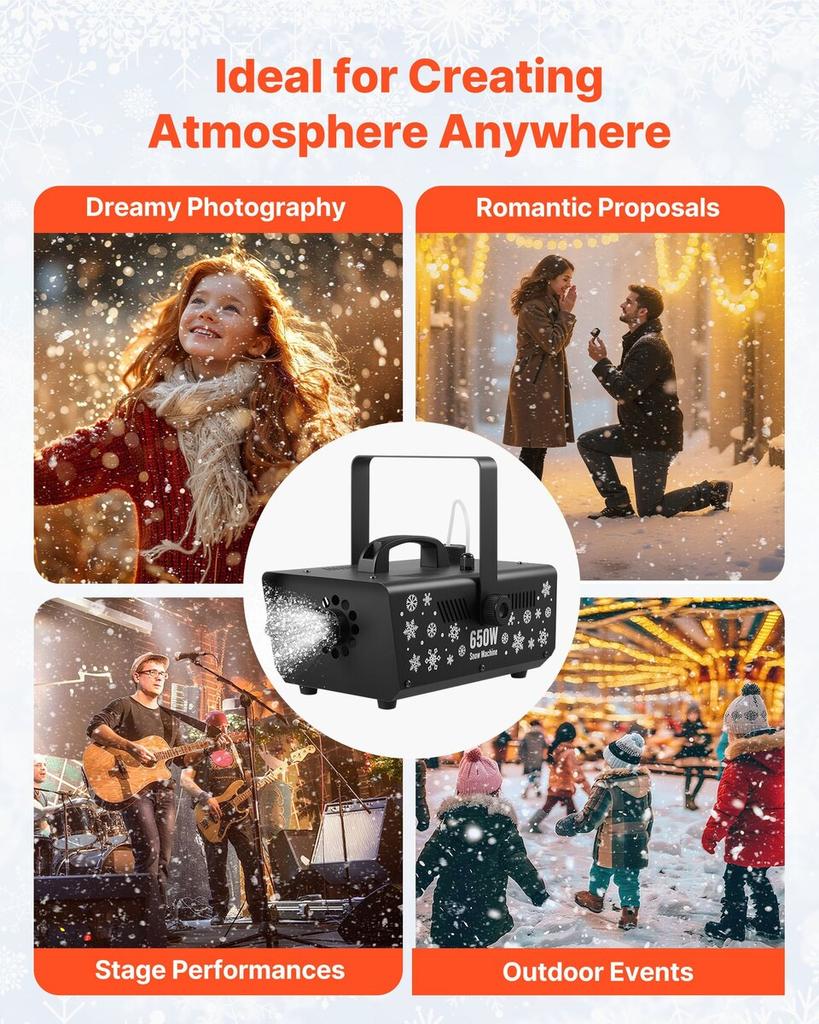 Snow Machine, Powerful 650W Handheld/Hanging Fake Snow Maker, Snowflake Making Machine with Portable Handle, Outdoor & Indoor Artificial Snowflake