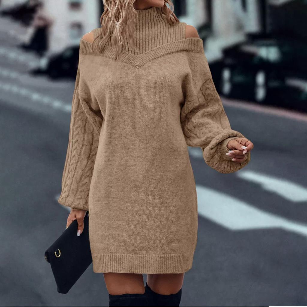 Off-the-shoulder Sweater Pullover for Autumn and Winter, New Loose Semi-high Neck Lantern Sleeve Knitted Sweater for Women
