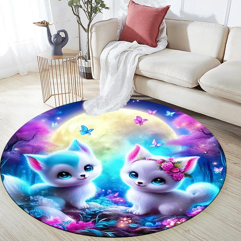 1pc Soft, Absorbent & Non Slip Cute fox in the moonlight Round Rug Soft Circle Rug for Living Room & Bedroom Decor, Chair Mats, and Unforget