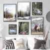 Winter Mountain Tree Forest Green Deer Lake Gallery Wall Foggy Nordic Nature Snow Path Scandinavian Pine Spruce Poster Home Deco