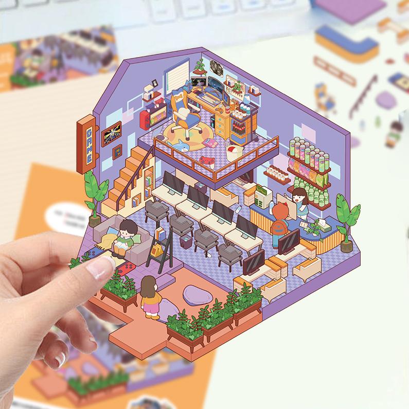 Cartoon Landscape Stickers Multiple Miniature World 3D Hut Unzip DIY Scene Manual Post