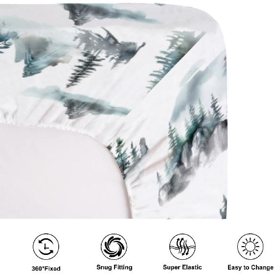 Акварельный рисунок туманного леса, приталенные простыни для детской кроватки для девочки, мальчика - 52"x28" Лесной горный туманный наматрасник для детской кроватки - Мягкий дышащий детский