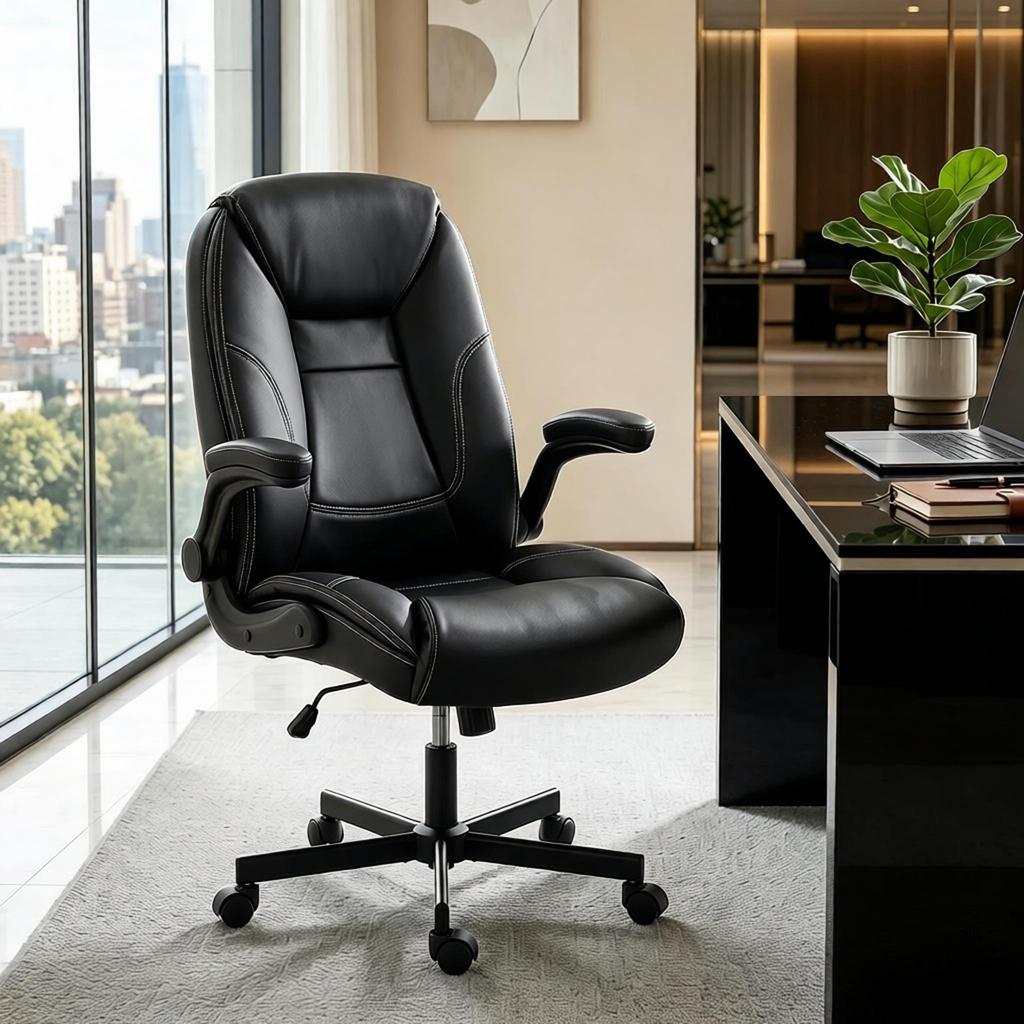 Ergonomic Office Chair, Desk Armchair with Flip-Up Armrests, Height-Adjustable, Tiltable, Black Leather Look