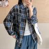 Retro Plaid Shirt Plain Tops Spring Autumn Lapel Long Sleeve Shirts Women Chic Loose Blouse Asian Size