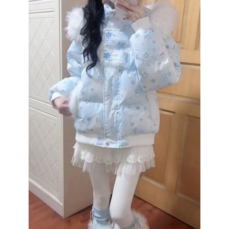 Milk whirring sweet and cute full print snowman fur collar hooded cotton coat women's winter new thickened warm cotton coat