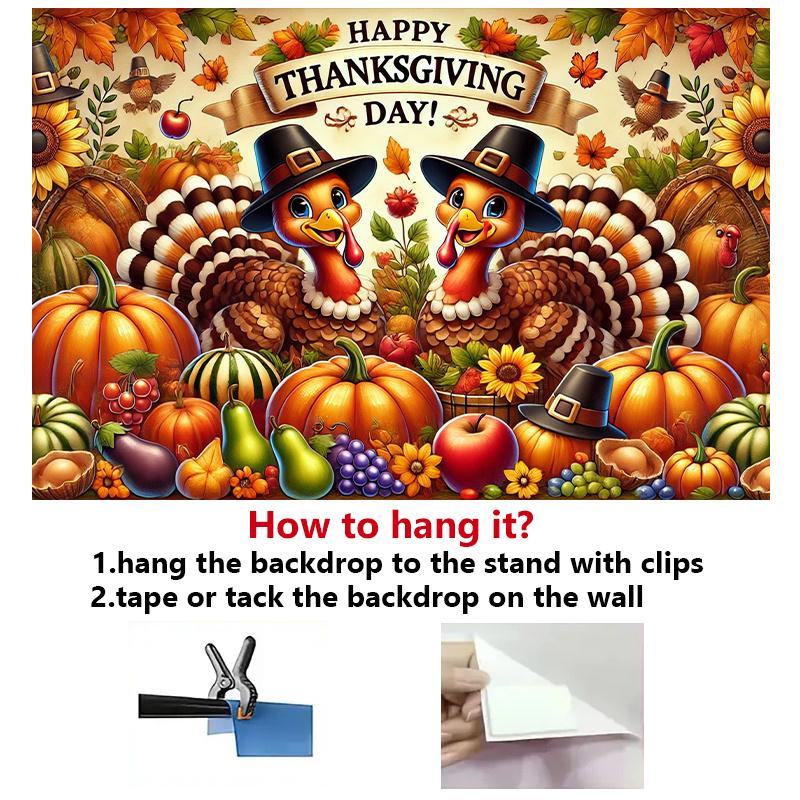 2D Background Banner 1pcs, Happy Thanksgiving, Turkey Pumpkin and Fruits Vibrant Backdrop for Home Party, Wedding