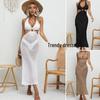 European & American Casual Sexy Slim Fit Halter Tie Dress with Cutout Waist, Round Ring, Deep V, and Sheer Sun Protection.