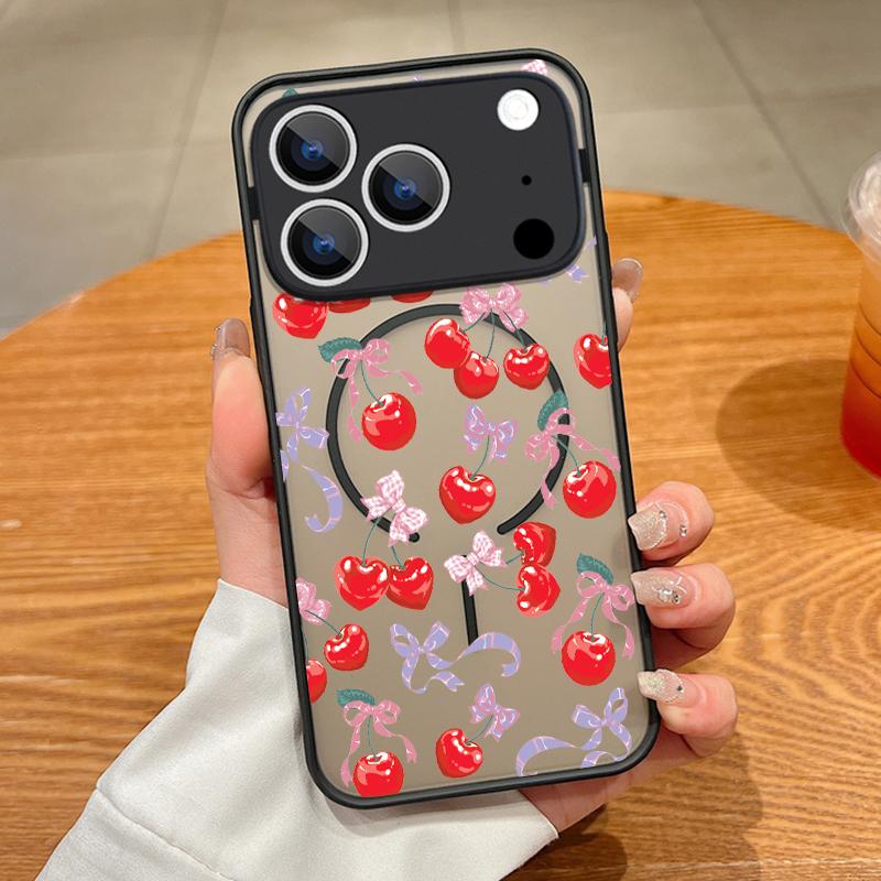 Мультяшный чехол с вишней для iPhone 17 Pro Max Чехол iPhone 16 15 14 13 Pro Max 17E Магнитный Для Magsafe Тонкое кольцо Гибридный ТПУ+ПК Матовый чехол