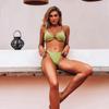 Women Triangle Oversize Split Bikini Set Suit Tie Side G-String Thong Swimsuit Suspenders Green Solid Color