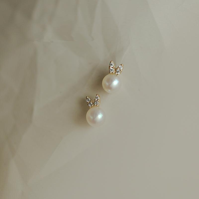 925 Sterling Silver Plating 14K Gold Earrings Simulated Pearl Zircon Rabbit Earrings for Women Cute Sweet Jewelry Gift