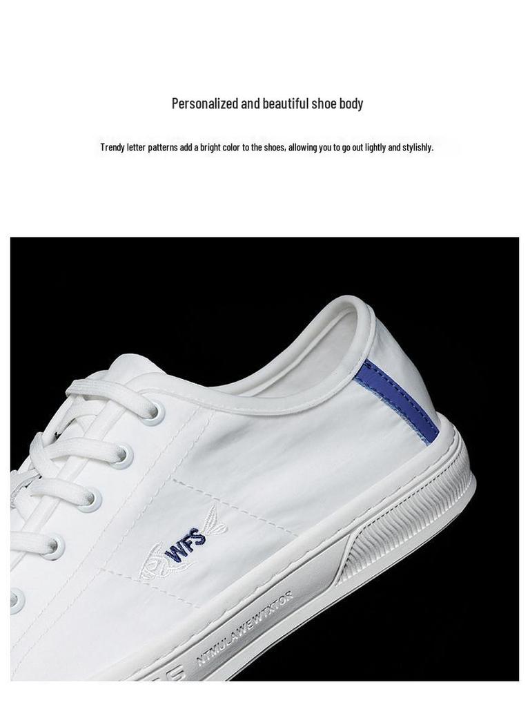 Four Seasons Men's White Canvas Shoes: Korean Style, Casual, Breathable, Lace-up, Low-top Fashion Sneakers.