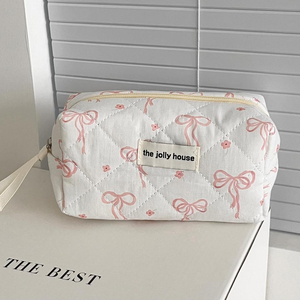 Korean Style Sweet Quilted Cosmetic Bag - Large Capacity, Portable with Little Red Flower Bow Design for Students