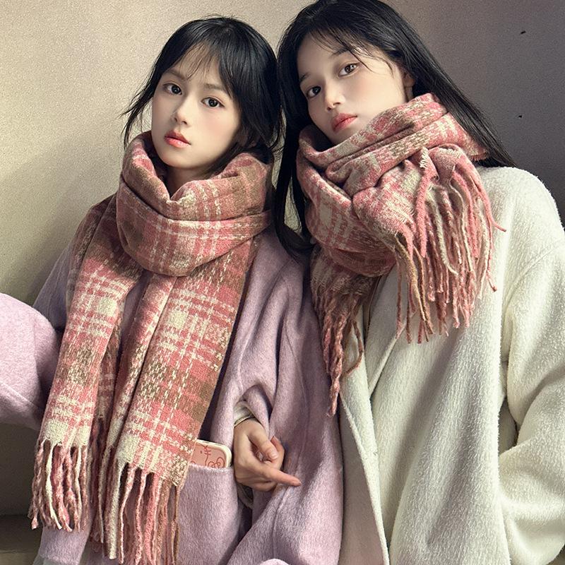 Plaid Scarf Women's Korean Style Warm Atmosphere New Dry Rose Pink Whitening Soft Tassel Shawl Scarf