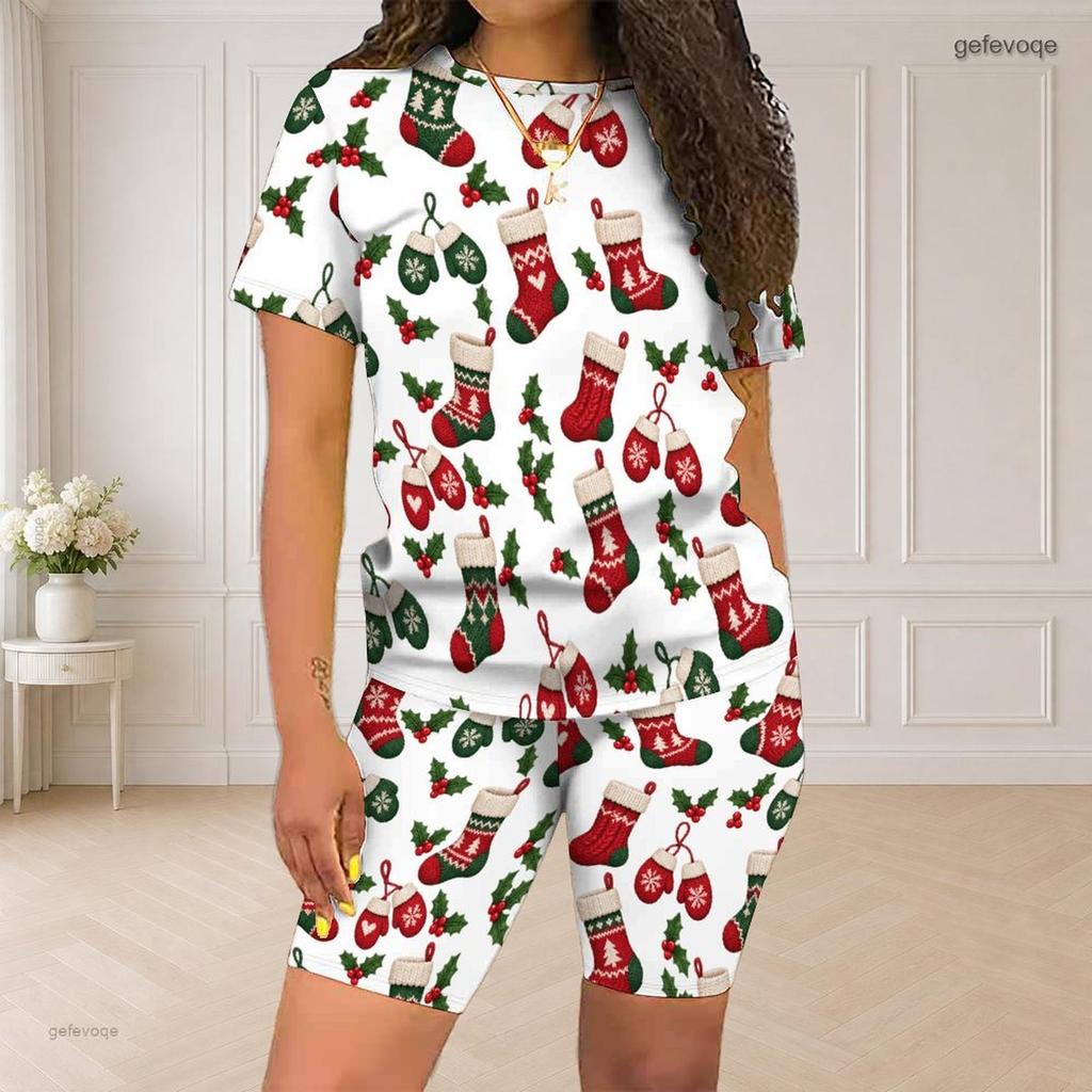 Women Plus Size White Round Neck Short Sleeve Printed Top And Fitted Shorts Two Piece Set