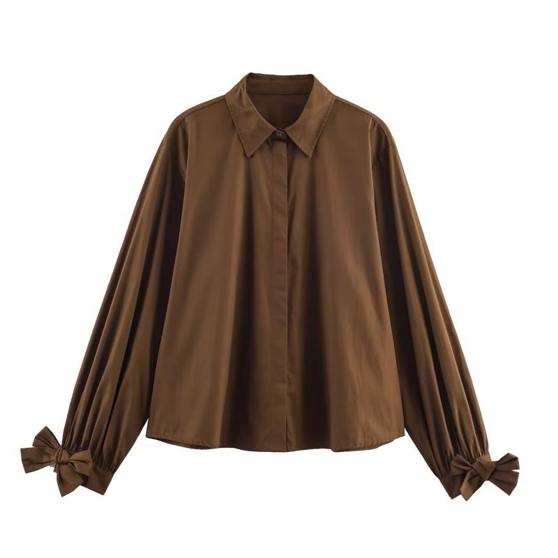 Womens Oversized Long Sleeve Shirt With Bow Detail Casual Button-Up Blouse Loose Fit 2025
