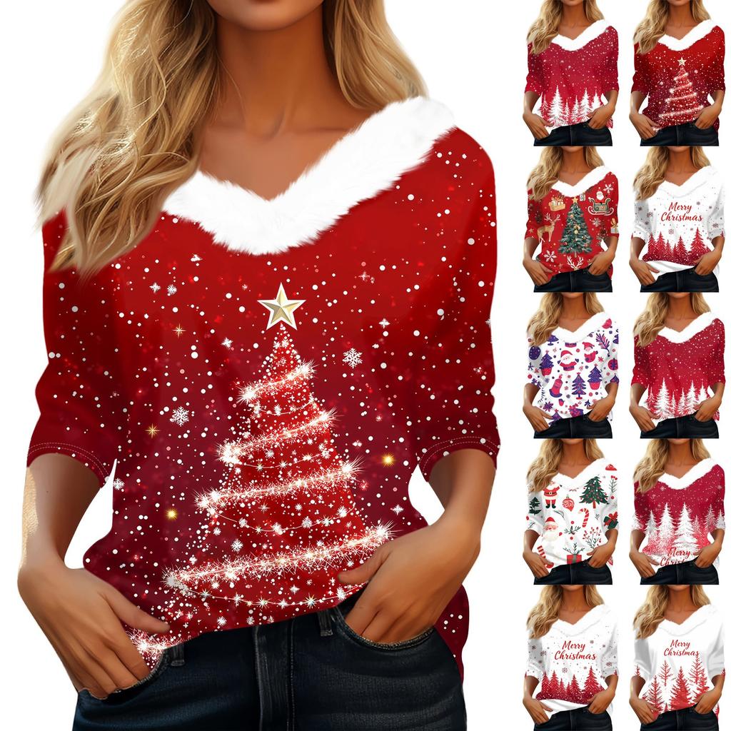 3/4 Sleeve Shirts For Women Christmas Printed Graphic Tees Blouses Casual Plus Size Basic Button Tops Pullover