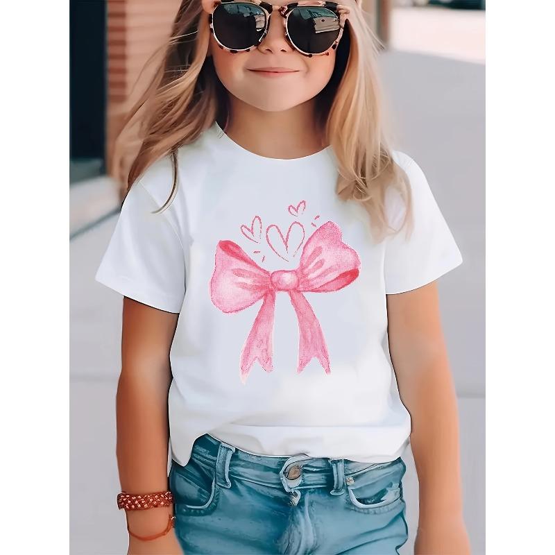 Girls Crewneck Summer Tee, Cute Watercolor Pink Bow & Heart Graphic Print Casual Short Sleeve Kids Fashion Top