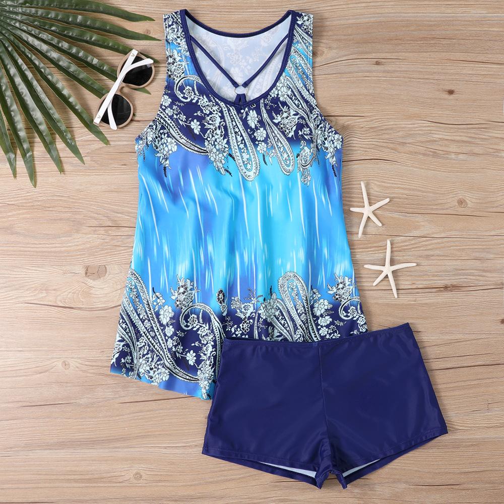 Женский купальник-бикини с лямкой на шее и сложными узорами и принтом-танкини