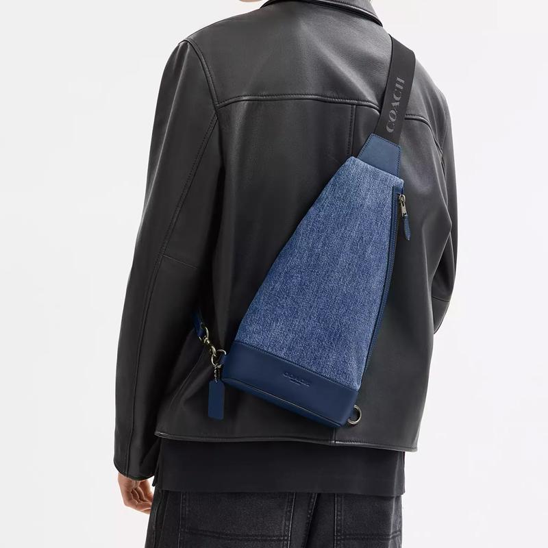 COACH Dominique 19 Brand Logo Calfskin Chest Bag Small Men's Denim Blue and Dark Blue