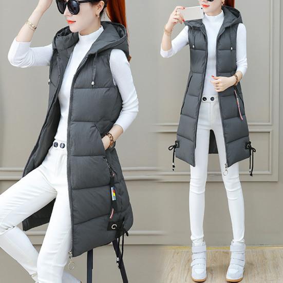 Осенне-зимний хлопковый жилет средней длины с утолщенной подкладкой без рукавов на молнии с застежкой-молнией на шнурке с капюшоном ветрозащитный женский жилет с сохранением тепла