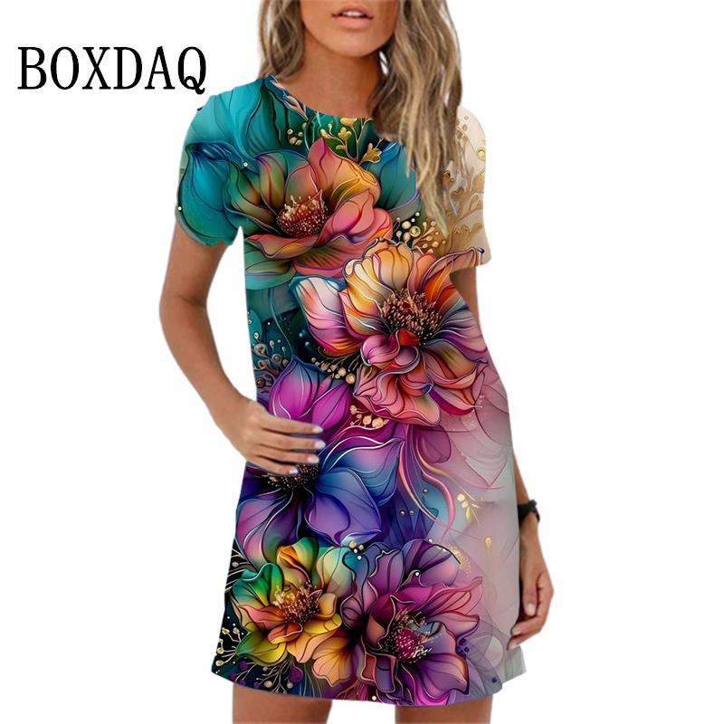 Элегантное женское платье с милым цветочным принтом, новое летнее свободное мини-платье 2024 года, пляжное повседневное женское платье с коротким рукавом и большими размерами, Vestidos
