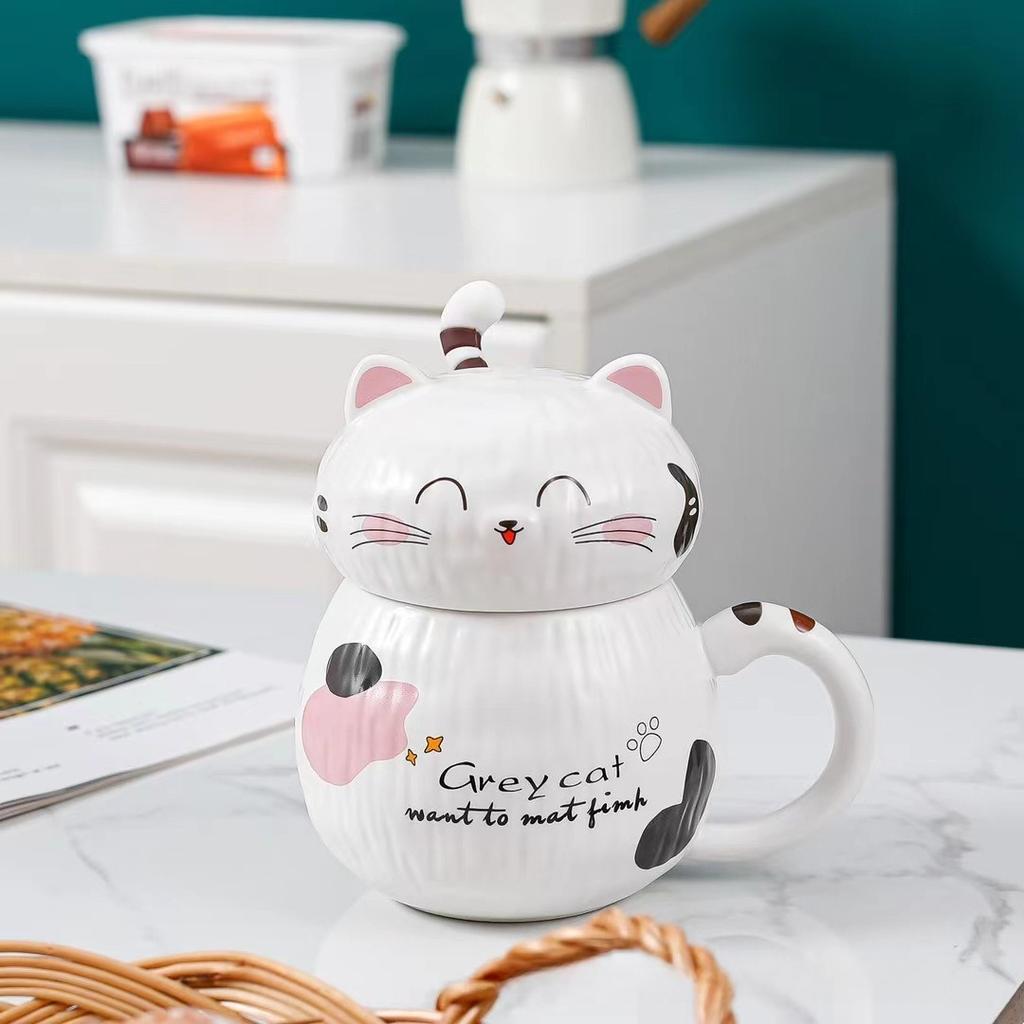 Cute 3D Cat Ceramic Mug with Lid Couple Coffee Milk Tea Water Cup Large Capacity Office Breakfast Cups Household Drinkware
