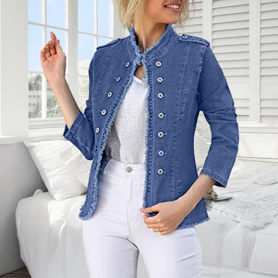 Женская джинсовая куртка с длинным рукавом и необработанным краем, эластичная джинсовая куртка облегающего кроя на пуговицах